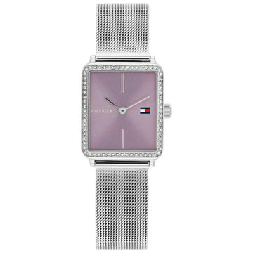 Γυναικείο ρολόι Tommy Hilfiger 1782790 σε τετράγωνο σχήμα ασημί ατσάλινο μπρασελέ ψάθα και μωβ καντράν 21Χ21mm με ζιργκόν.